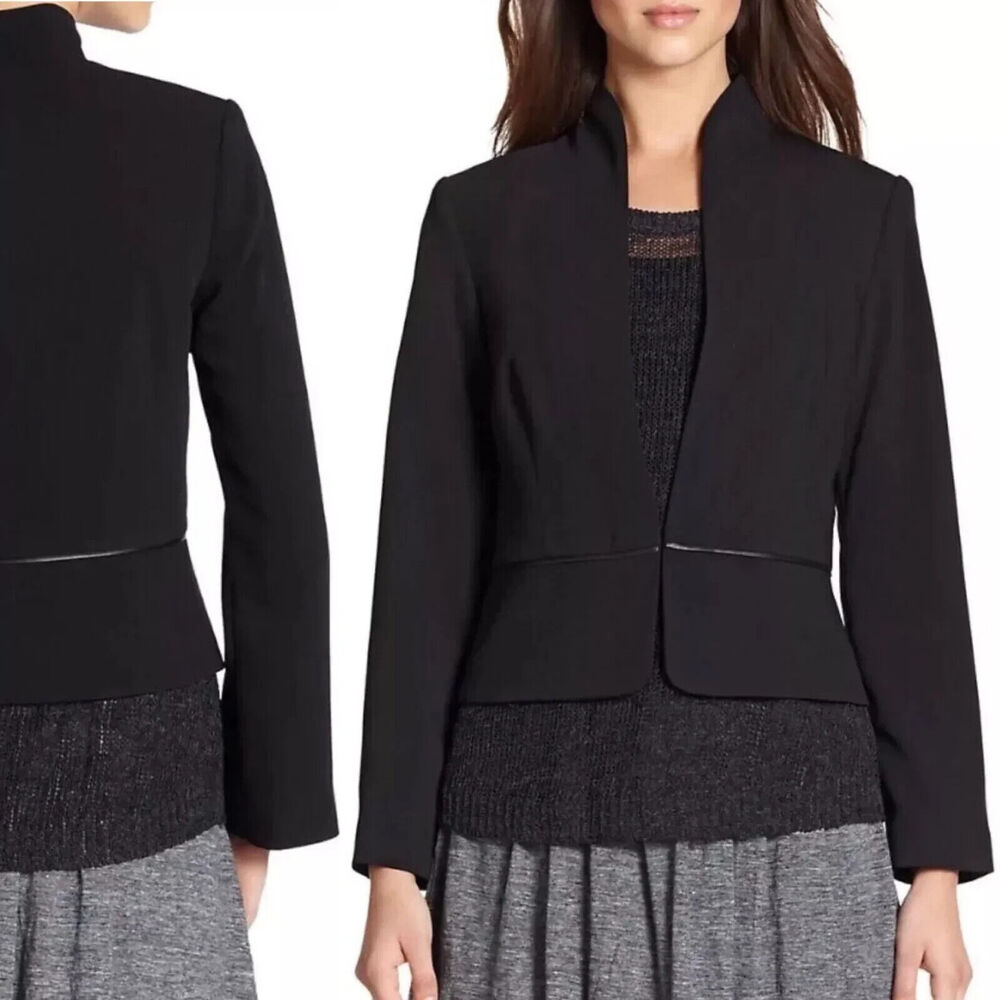Eileen Fisher Size‎ M Leather Trim Tropical Suiting Eco Poly Jacket Blazer Black